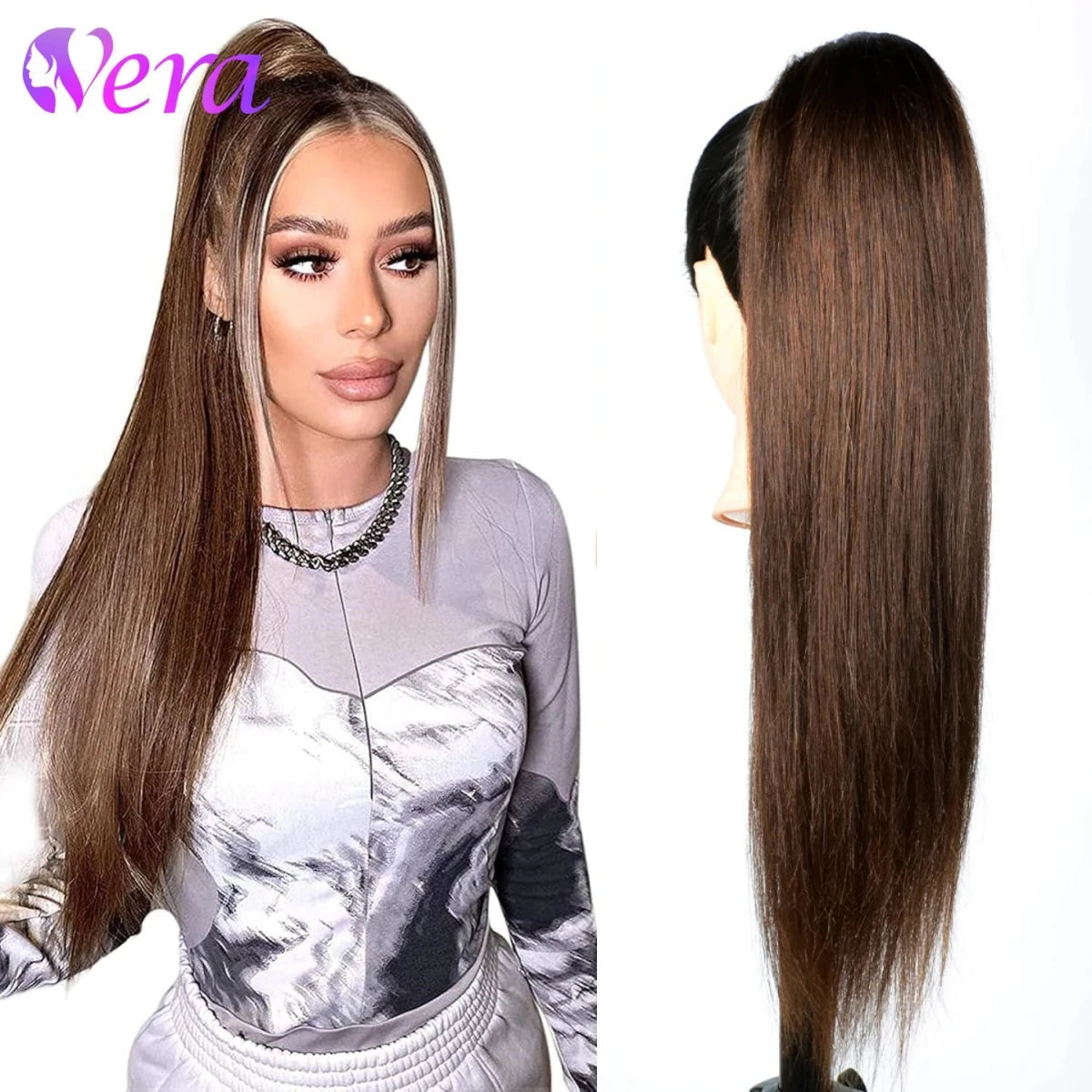 Straight Drawstring Ponytail #4 Medium Brown Color Brazilian Remy Human Hair