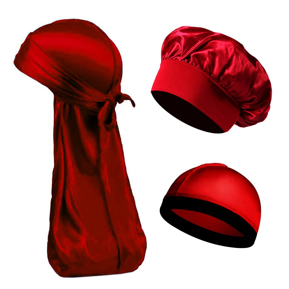 3PCS High Quality Satin Silky Unisex Bonnet, Head Wrap Elastic Band Cap, Durag, Sleeper Cap