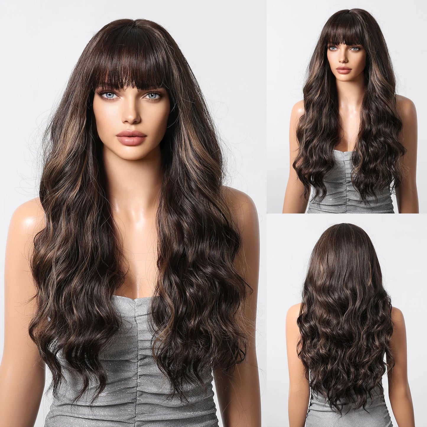 Long Wavy Synthetic Hair Wigs with Bangs - Various Colors Available