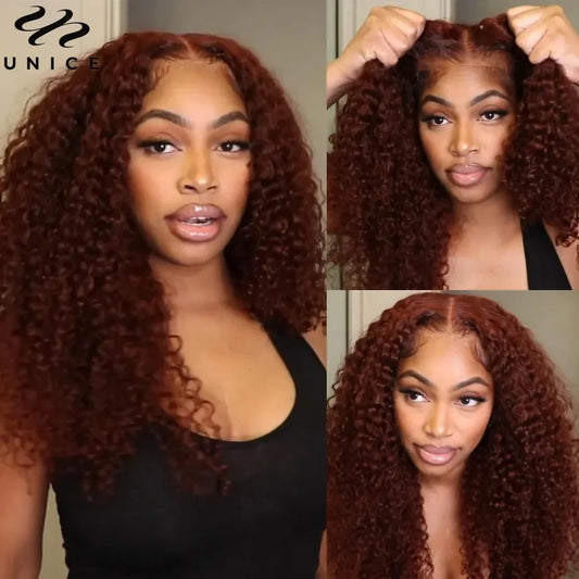 Bye-Bye Knots Reddish Brown Curly Human Hair - Glueless Pre Cut Pre Bleached Lace Front Wig
