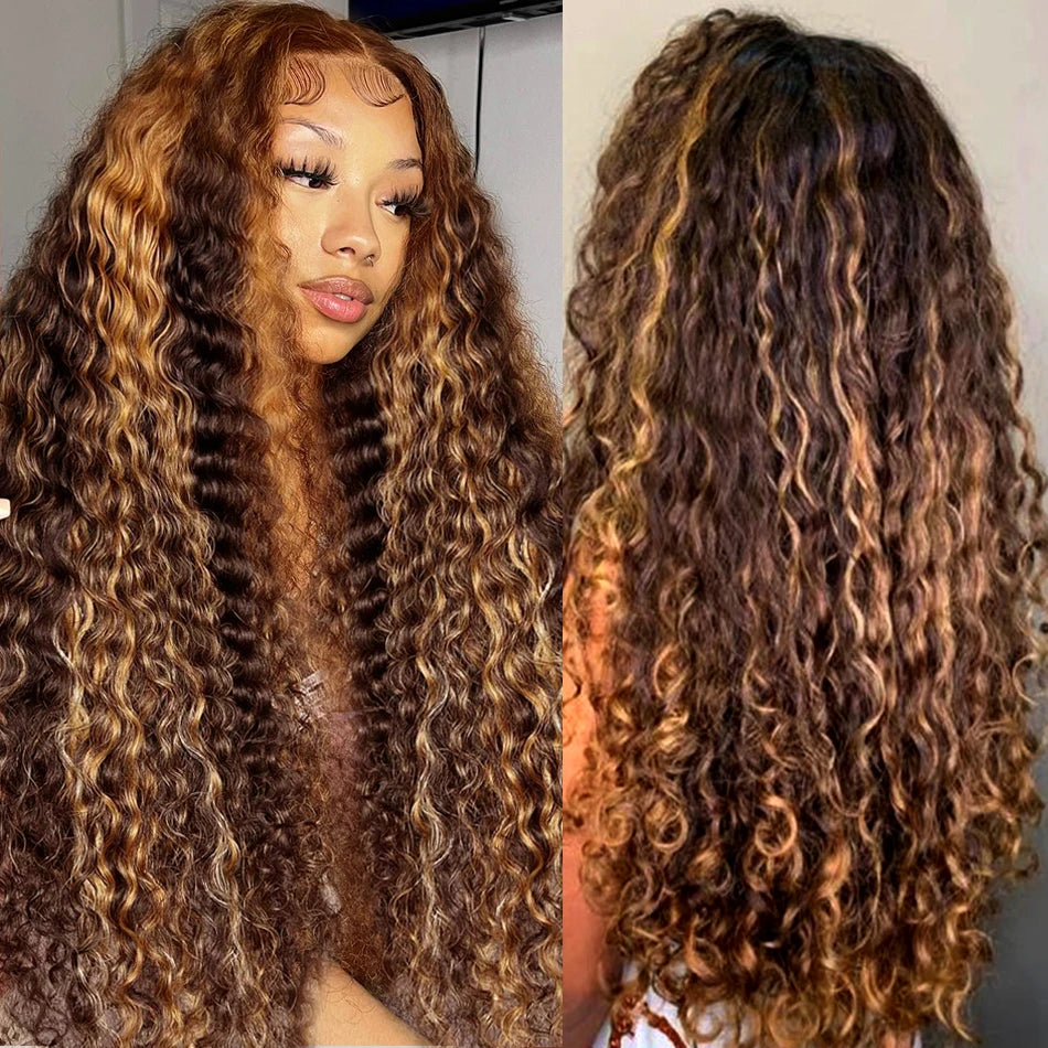 Deep Wave Curly Highlight Honey Brown Lace Front - Human Hair Wigs
