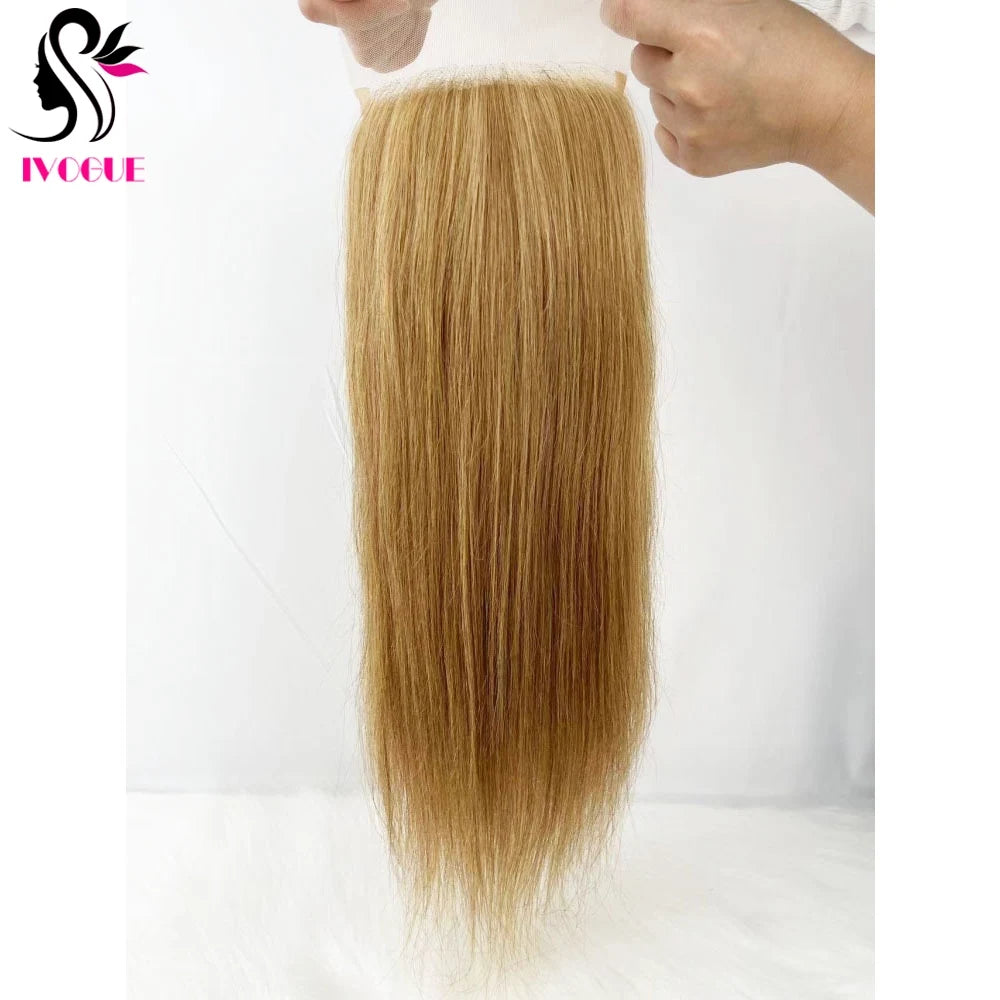 Golden Blonde #27 Human Hair Skin Base Silicone Silk Top Lace Closure Pre Plucked with Baby Hair & Free Part