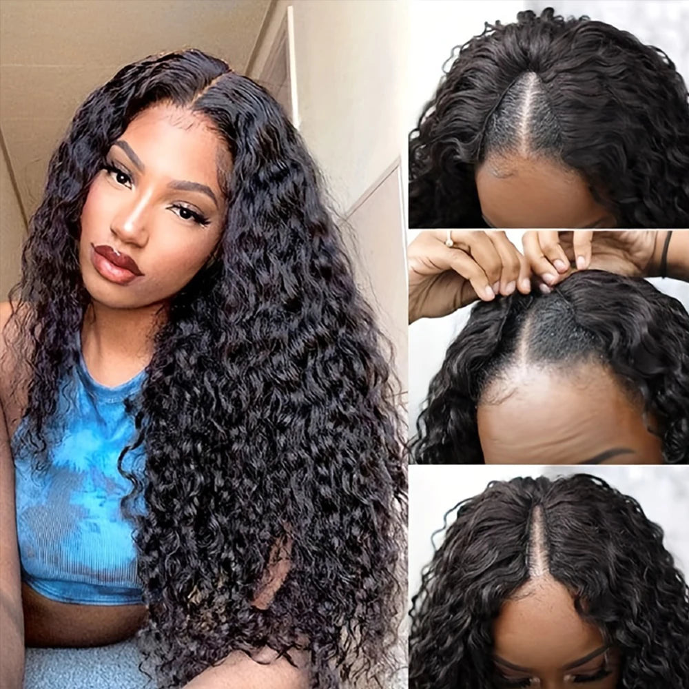 U & V Part Kinky Curly Human Hair Wigs
