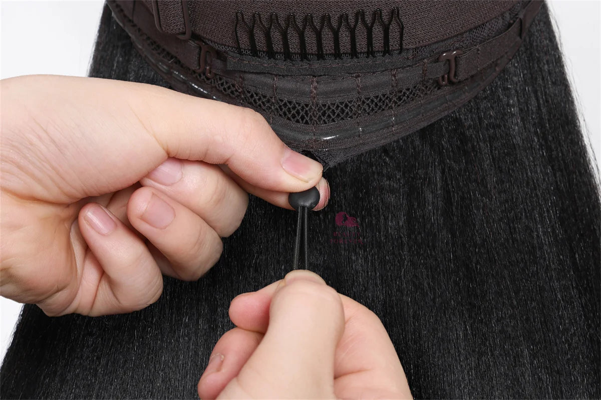 Yaki Straight - Elastic Drawstring Glueless Human Hair 7x5 Bye Bye Knots Wear and Go Wig