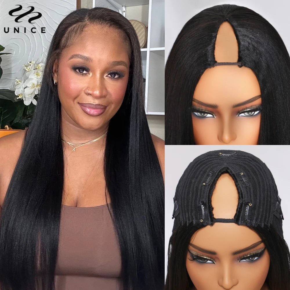 Drawstring Yaki Straight V Part Human Hair Wigs Mini Leave-Out