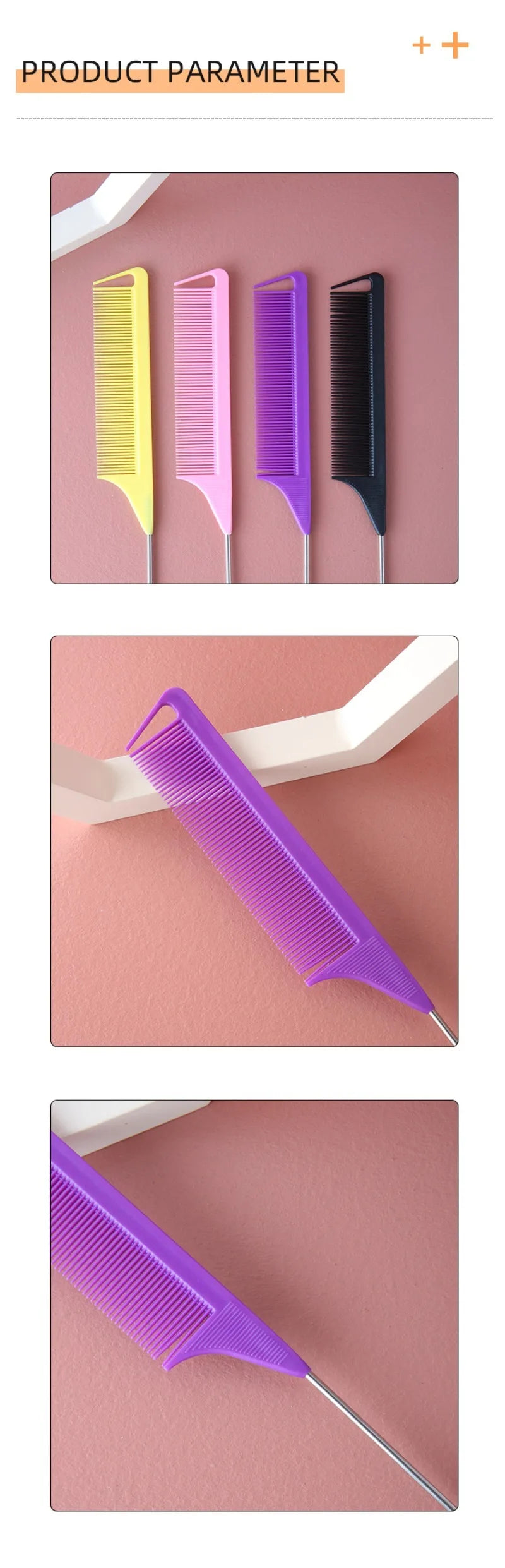 Plastic Heat Resistant Anti-Static Braiding Rat Tail Curved Steel Needle Parting Comb