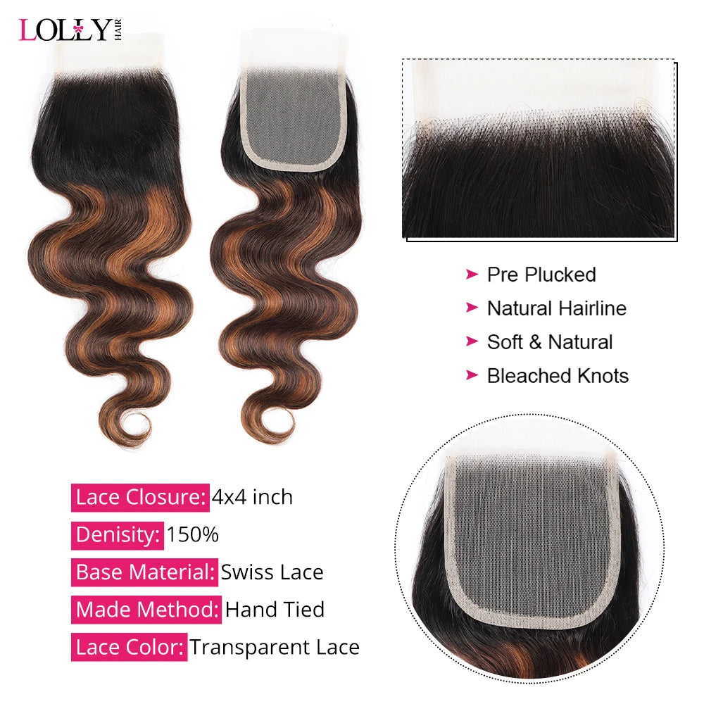 FB 30 Brown Highlight Body Wave With 3 Bundles Lace Closure