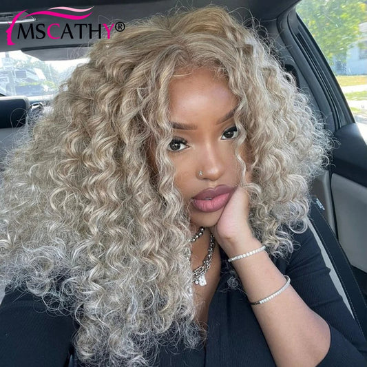 Kinky Curly Ash Blonde  - Transparent Lace Frontal Human Hair Wig