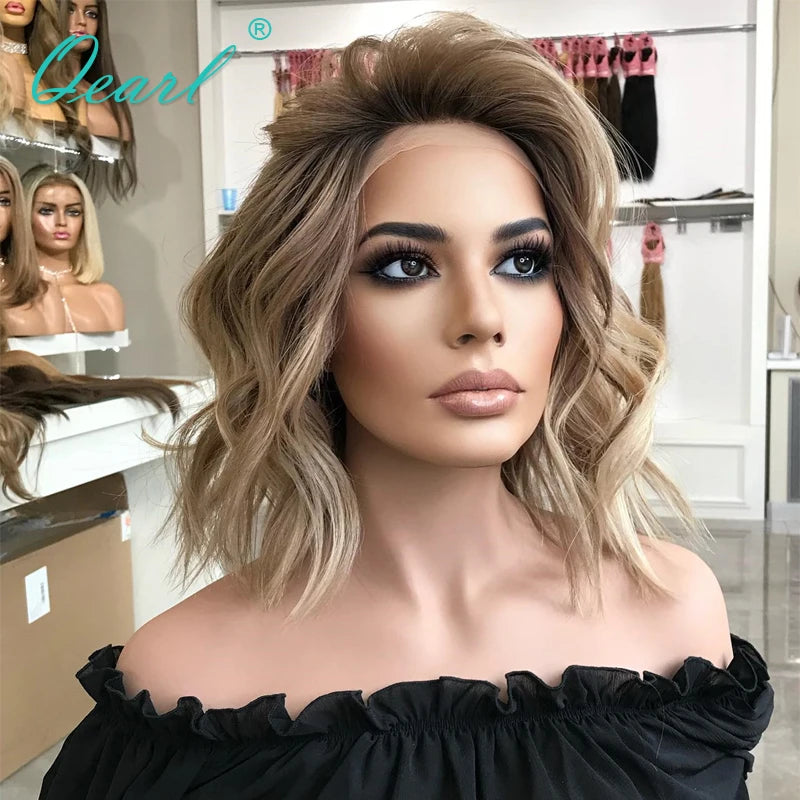 Wavy Bob Ash Brown/Honey Blonde Highlights Lace Frontal Human Hair Wig