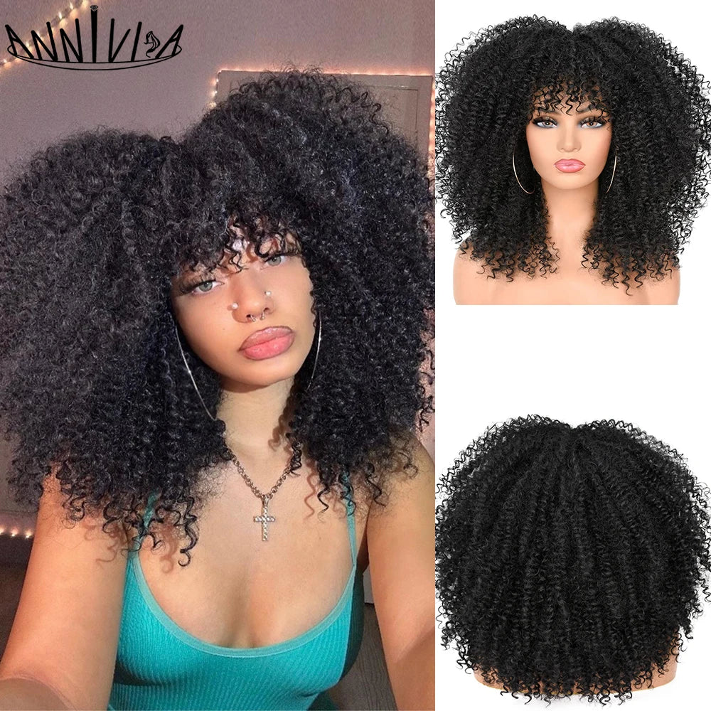 Synthetic Kinky Curly Wigs With Bangs - Various Colors Available