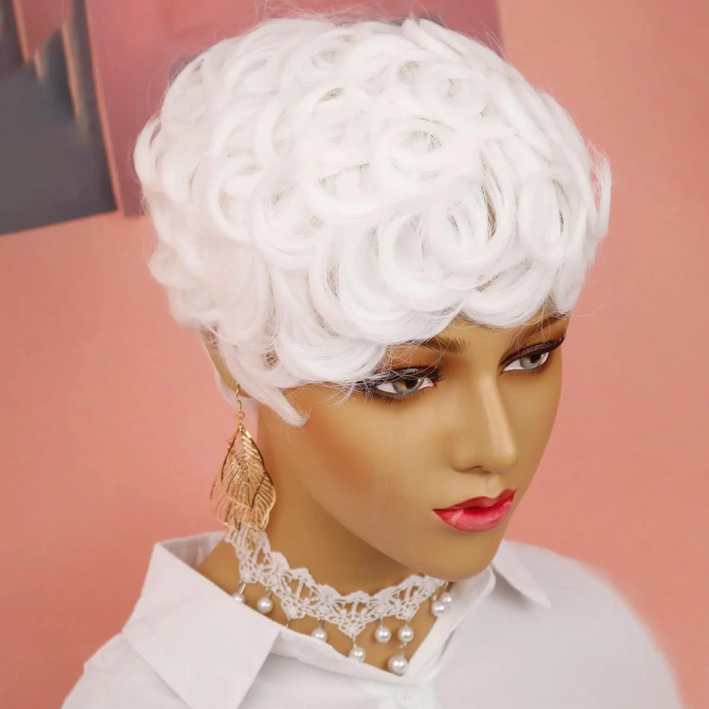 Synthetic White Short Pixie Cut Curly Wig