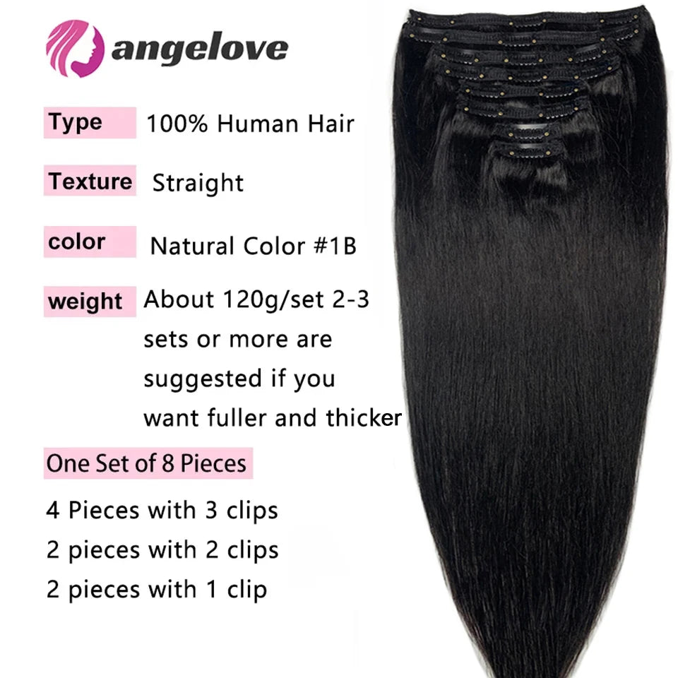 Straight Clip - In Human Hair Extensions, 8pcs Set - Various Colors Available