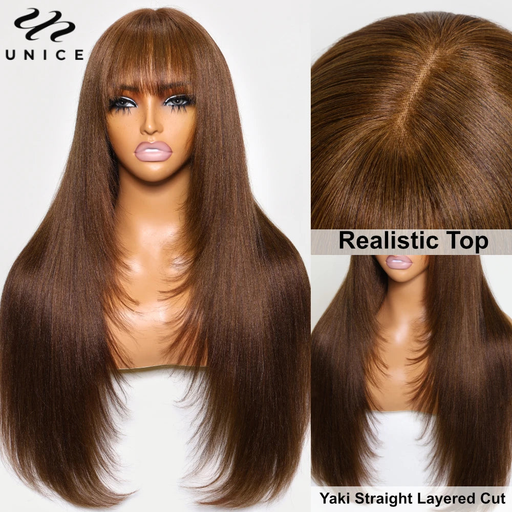 Yaki Straight With Bangs Layered Cut - Lace Front Human Hair Glueless Ready To Wear Wig