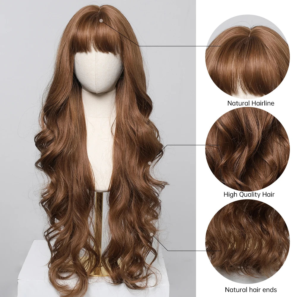 Long Wavy Synthetic Hair Wigs with Bangs - Various Colors Available