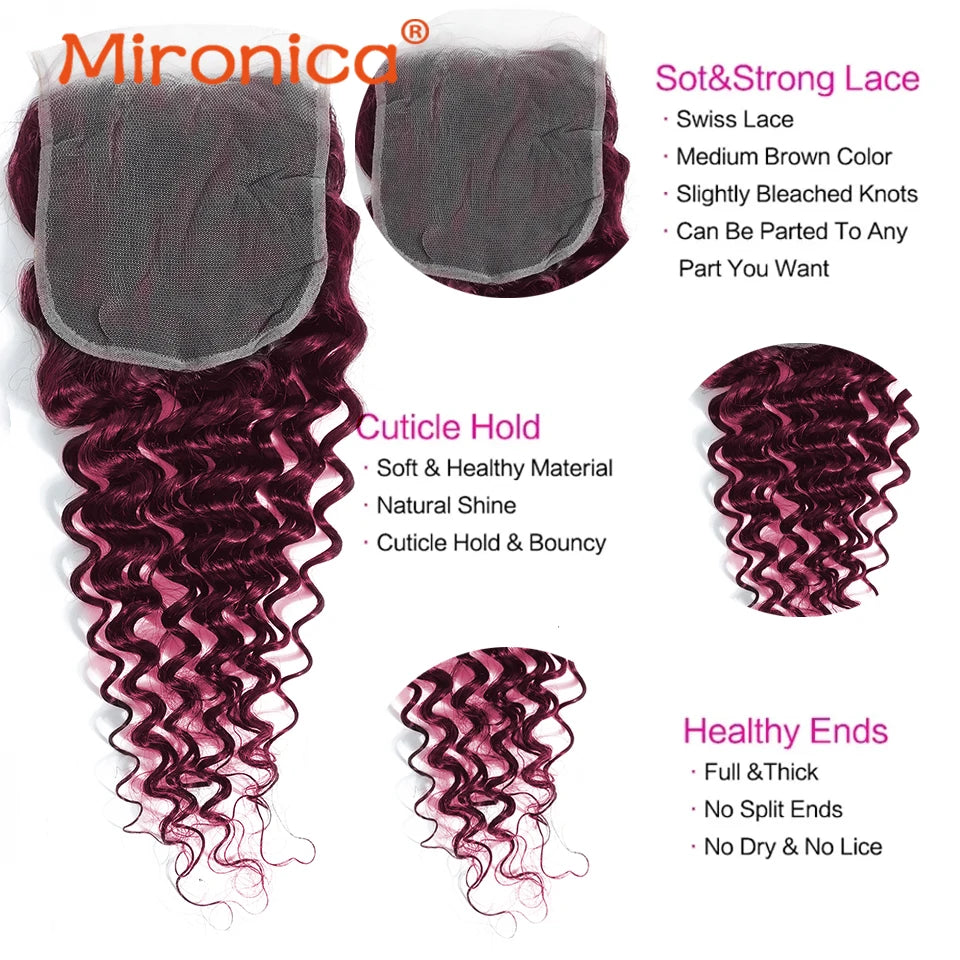 Burgundy Remy Deep Wave Human Hair Closure or HD Lace Frontal Pre Plucked