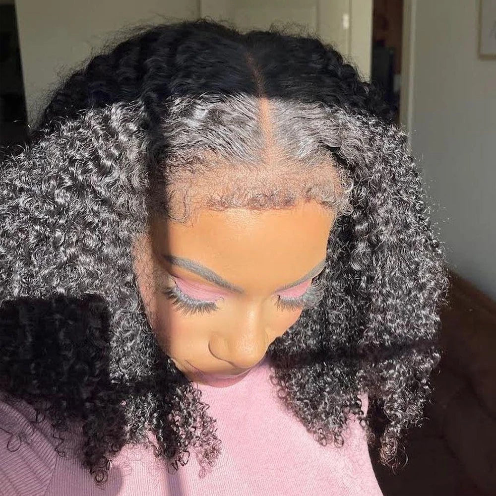 Short Bob Kinky Curly Transparent Frontal Wig With 4C Edges Lace