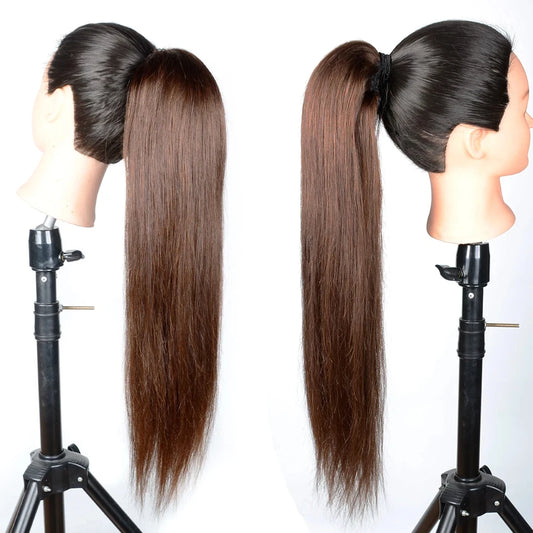 Straight Drawstring Ponytail #4 Medium Brown Color Brazilian Remy Human Hair