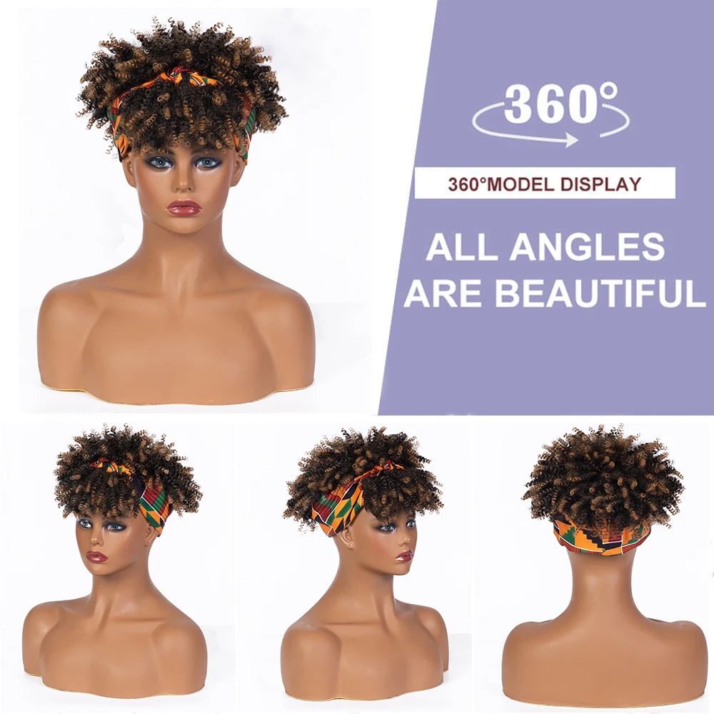 Short Kinky Curly Headband Synthetic Wigs With Bangs - Various Headband and Hair Colors Available