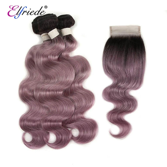 #1B/Dusty Pink Body Wave Hair Bundles with 4X4 Lace Closure - Human Hair