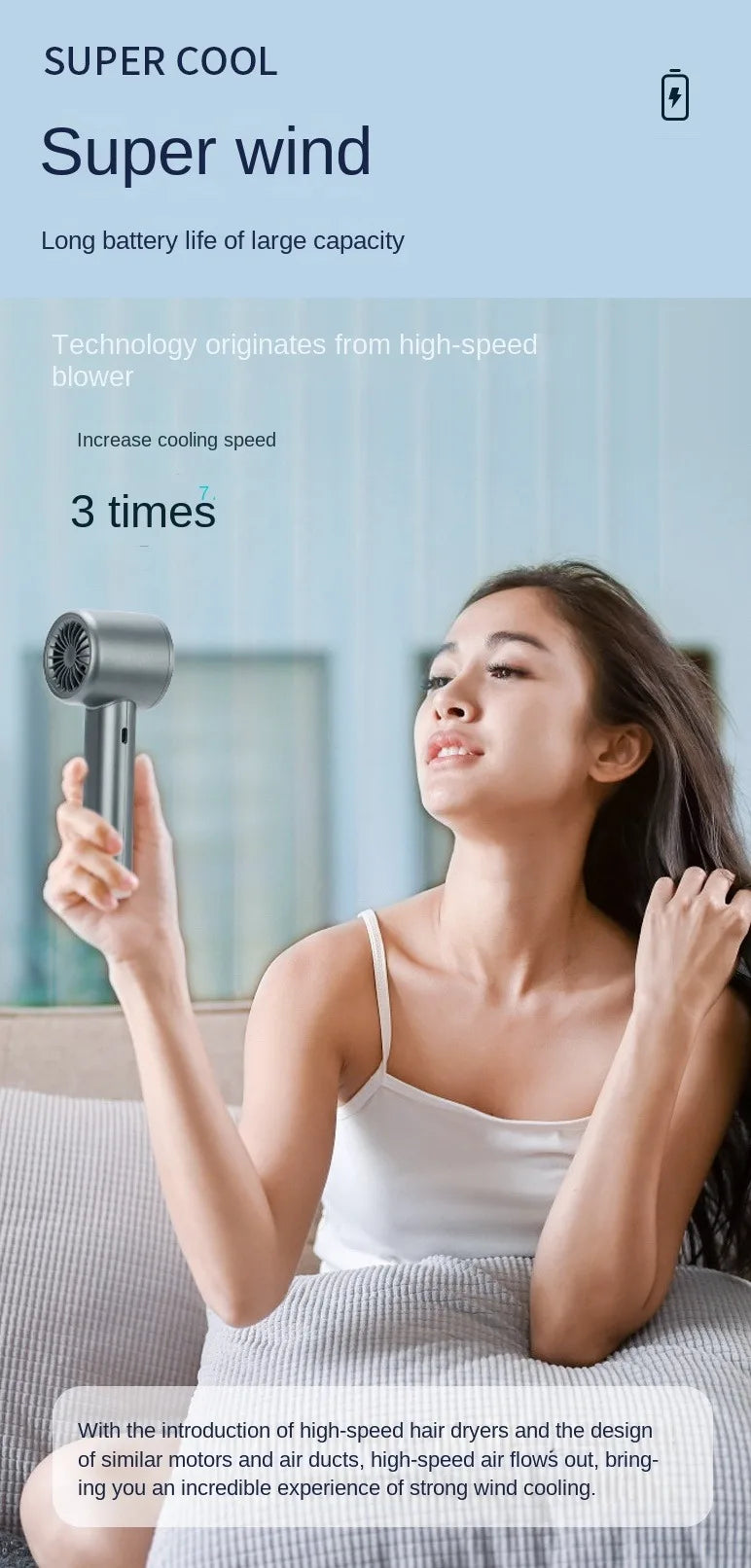 Mini Portable Handheld Fan , 120 Wind Speeds, USB Recharge
