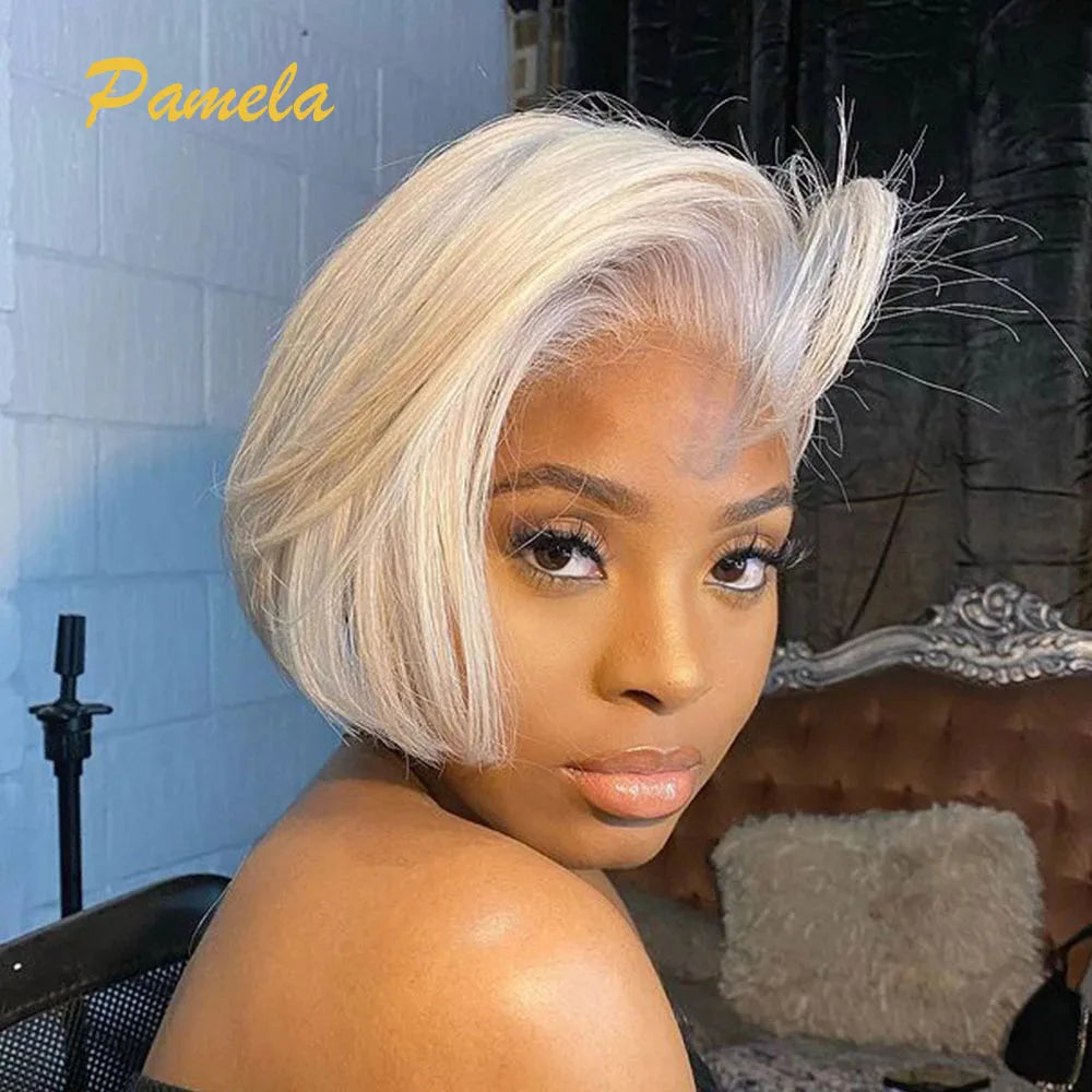 613 Blonde Pixie Cut Straight Short Bob HD Transparent Lace Front Human Hair Wig