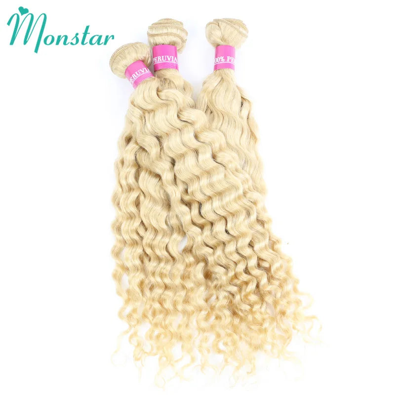 Deep Wave Malaysian Curly Human Hair Weave Bundle 613 Blonde