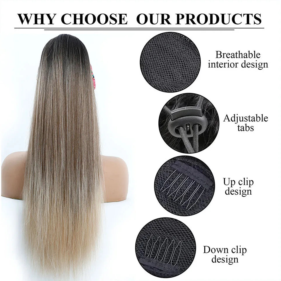Blonde Long Silky Straight Ponytail Synthetic Hair; DrawString Clip-In Piece