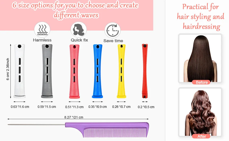 72 Pieces Hair Perm Rods Set Short Plastic Perming Rod Cold Wave Rods 6 Sizes Hair Curling Rollers With 1 Piece Steel Hair Comb