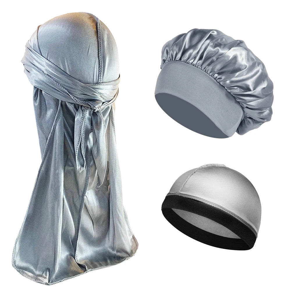 3PCS High Quality Satin Silky Unisex Bonnet, Head Wrap Elastic Band Cap, Durag, Sleeper Cap