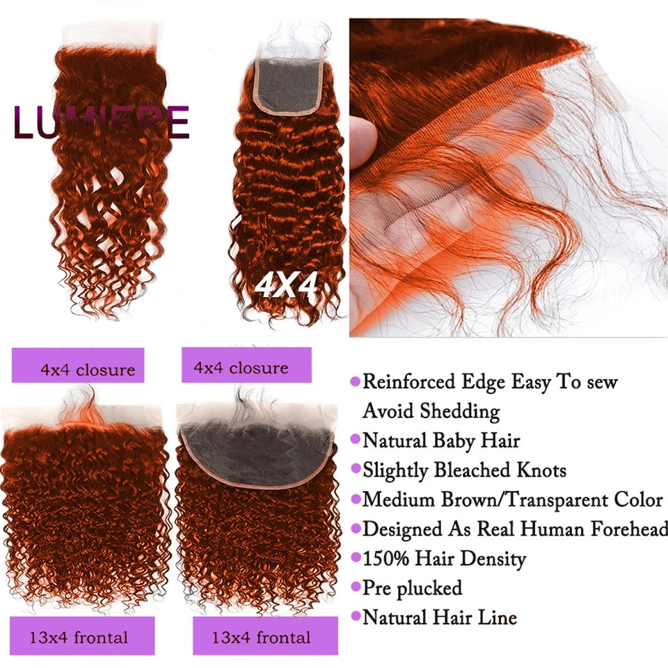 Ginger Orange Deep Water Curly Wave 100% Human Hair Brazilian Transparent Lace Frontal or Closures