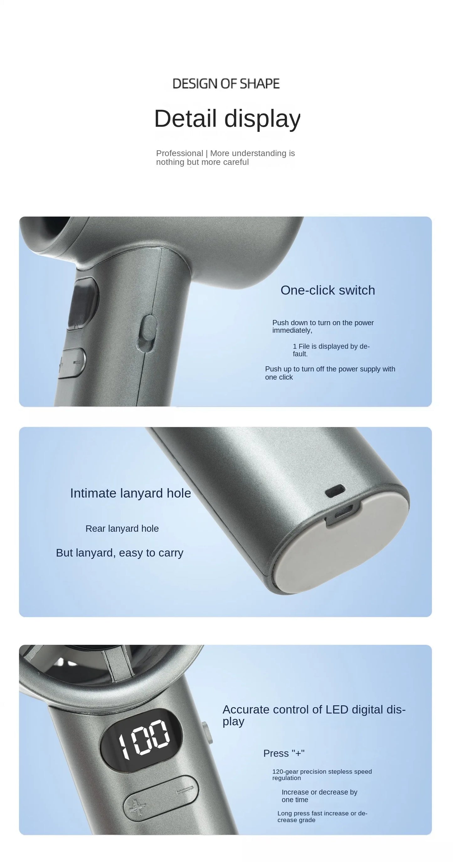 Mini Portable Handheld Fan , 120 Wind Speeds, USB Recharge
