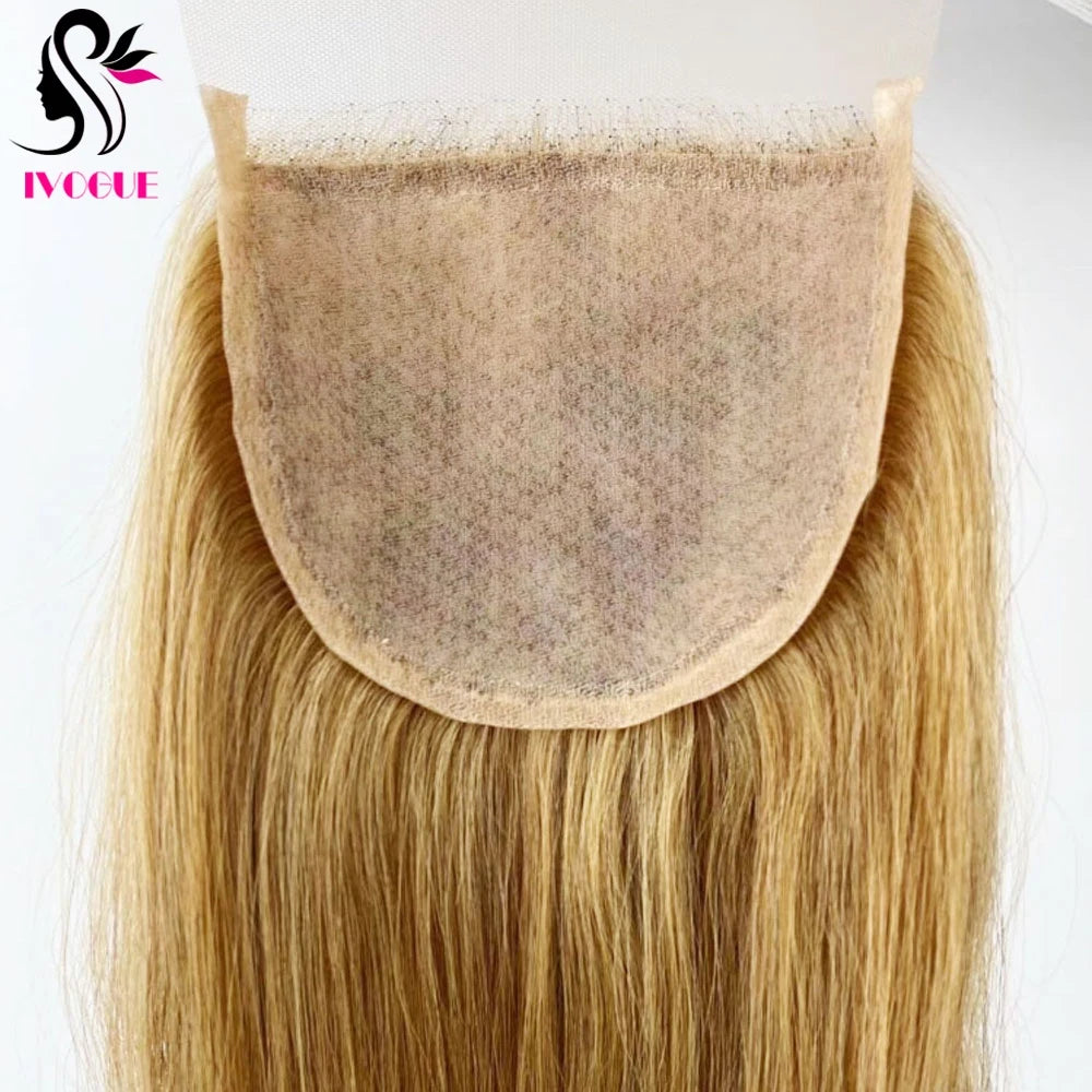 Golden Blonde #27 Human Hair Skin Base Silicone Silk Top Lace Closure Pre Plucked with Baby Hair & Free Part