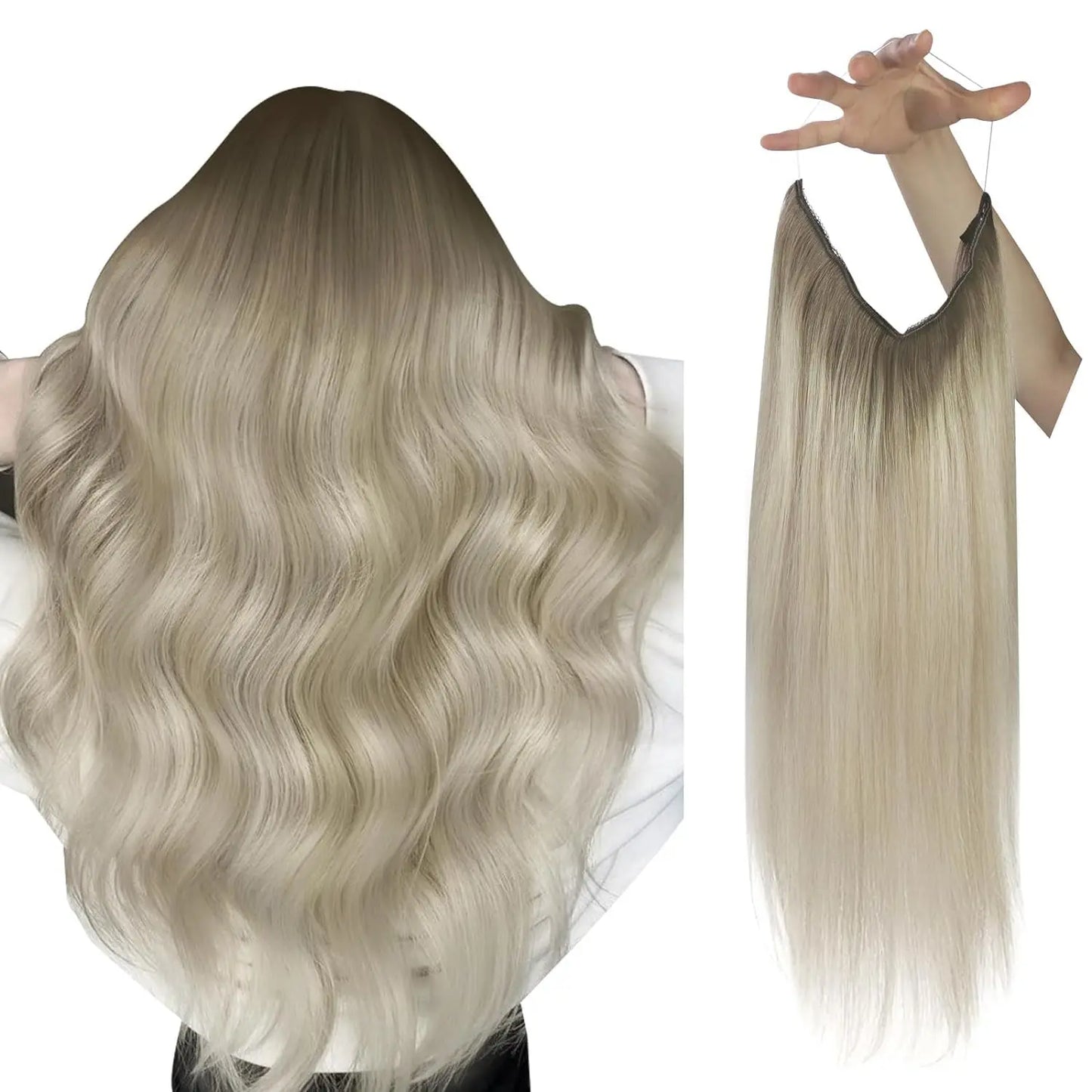 Fish Line Human Hair Extension - One Piece Invisible Wire Hair Weft with 2 Clips