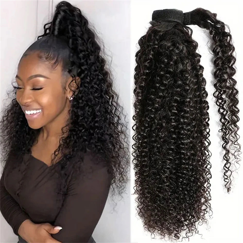 Human Hair Wrap Around Ponytail 10-32 Inches; Available in Straight, Body Wave, Water Wave & Kinky Curly (Natural Color)