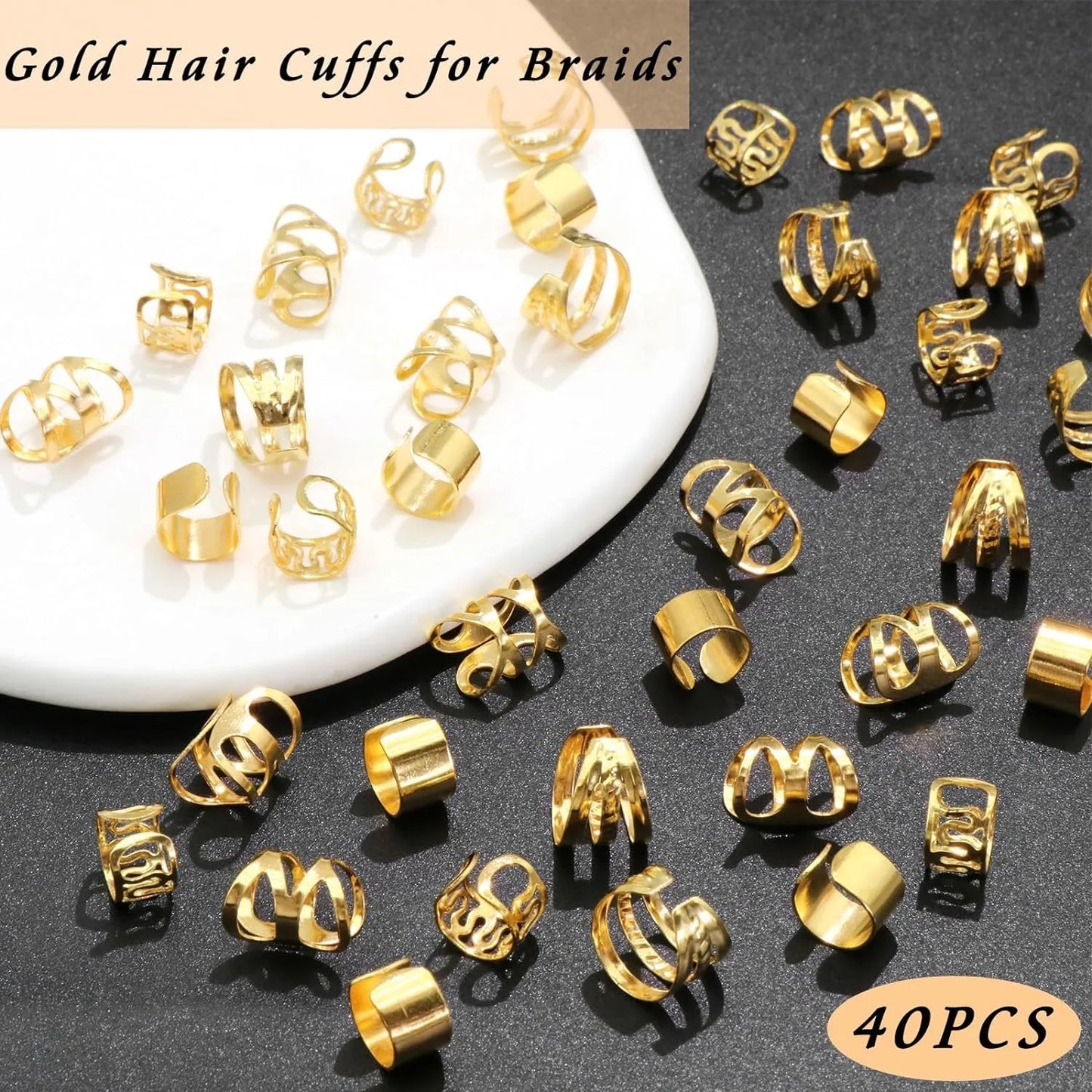 40PCS Gold and Silver Hair Cuffs Multi Style Rings Adjustable Hair Beads