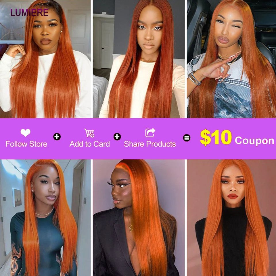 Ginger Orange Brazilian Bone Straight HD Transparent Lace Frontal or Closures 100% Human Hair