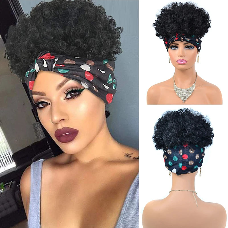 Short Kinky Curly Headband Synthetic Wigs With Bangs - Various Headband and Hair Colors Available