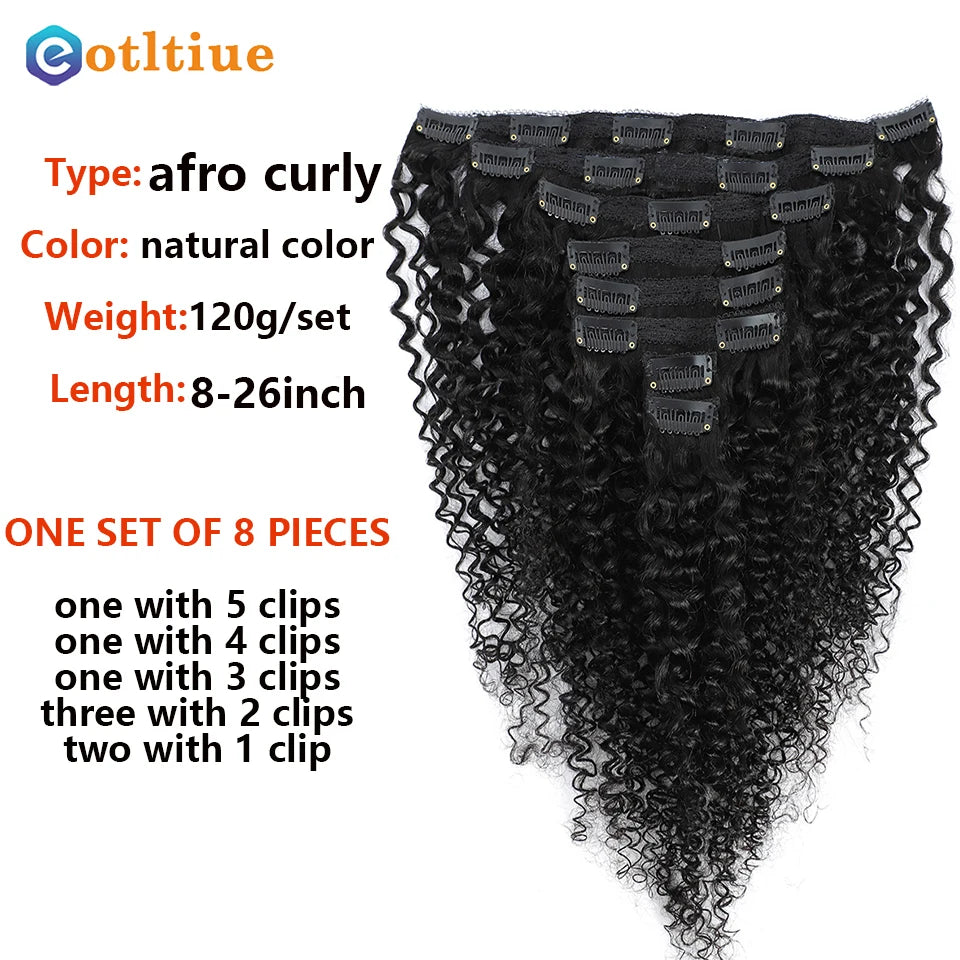 Afro Kinky Curly Human Hair Clip-In Extensions -  8Pcs/Set 120G Natural Color