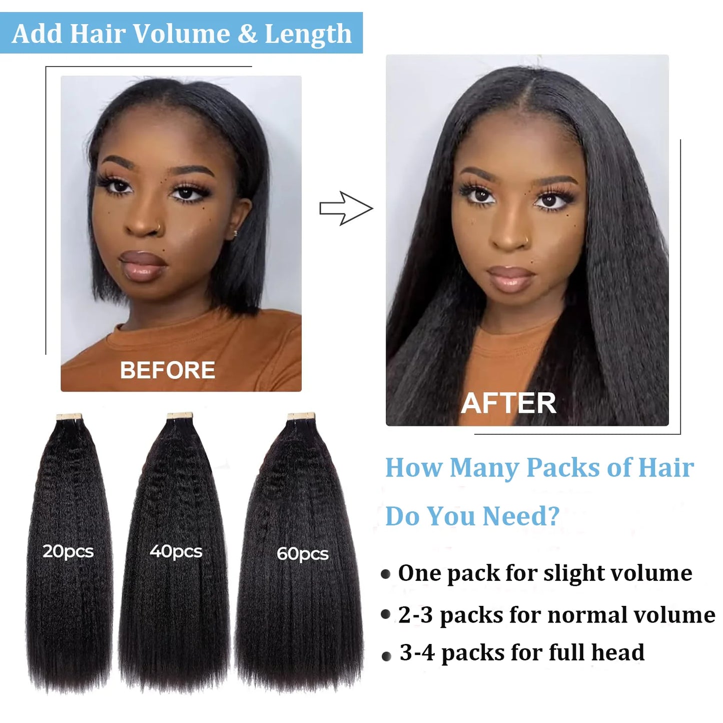 Yaki Straight Brazilian 100% Human Hair Adhesive Skin Weft Tape Ins