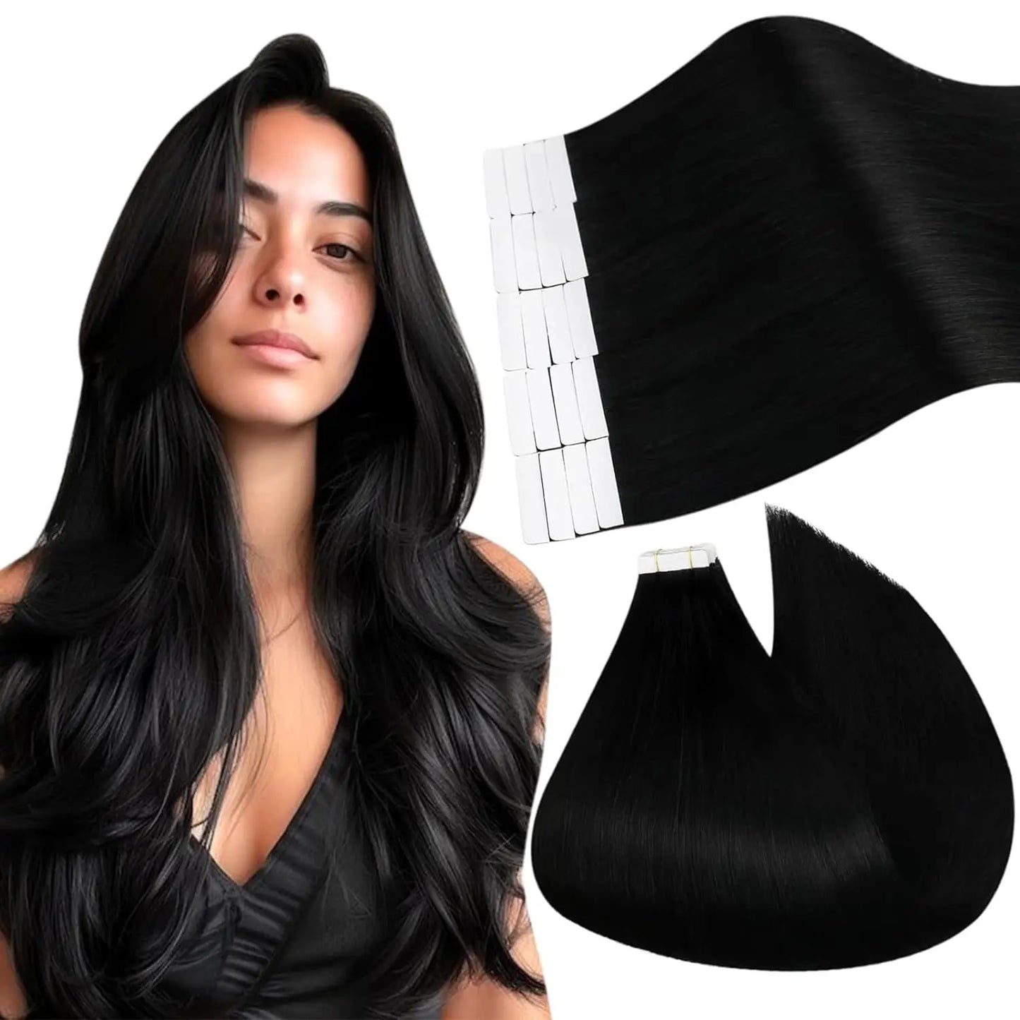 Jet Black Straight Human Hair Tape - In Extensions - Seamless Invisible