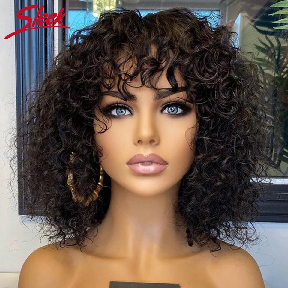 Curly Wave Short Pixie Bob Cut With Bangs Human Hair Glueless Wigs -Various Colors Available