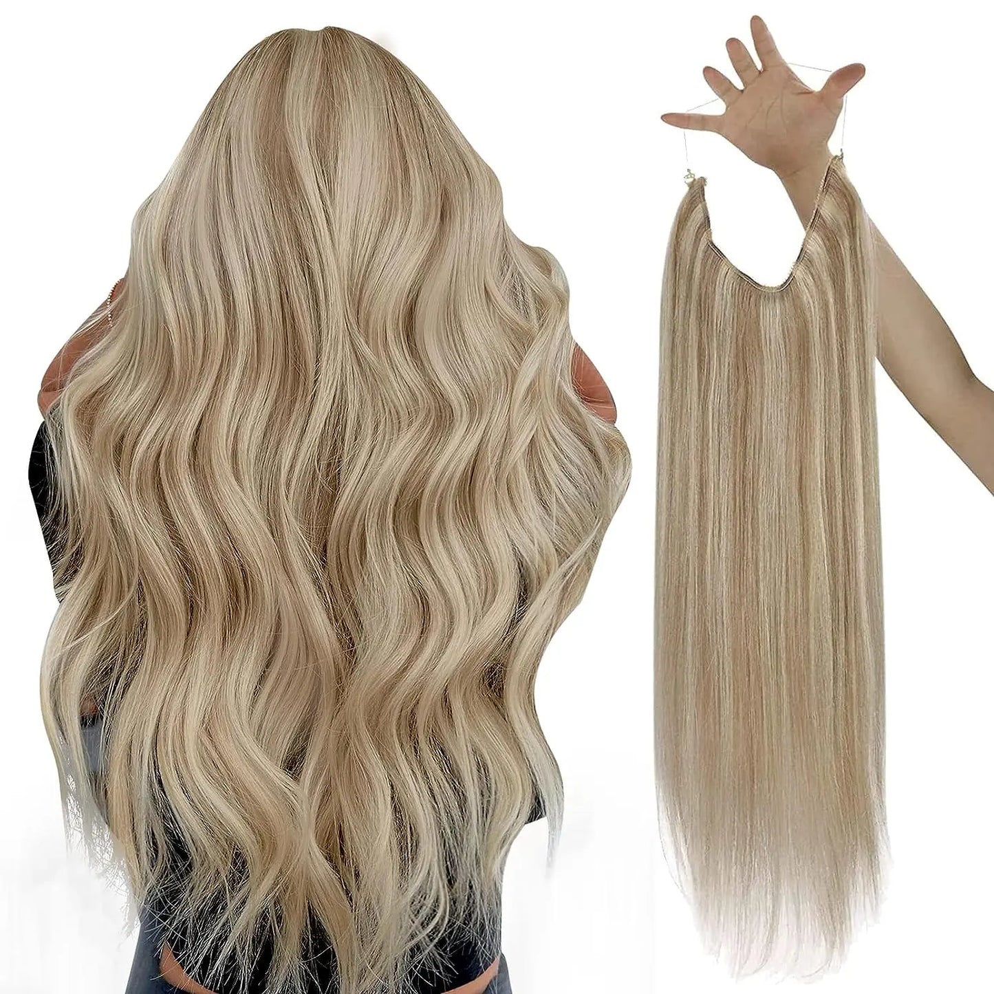 Fish Line Human Hair Extension - One Piece Invisible Wire Hair Weft with 2 Clips