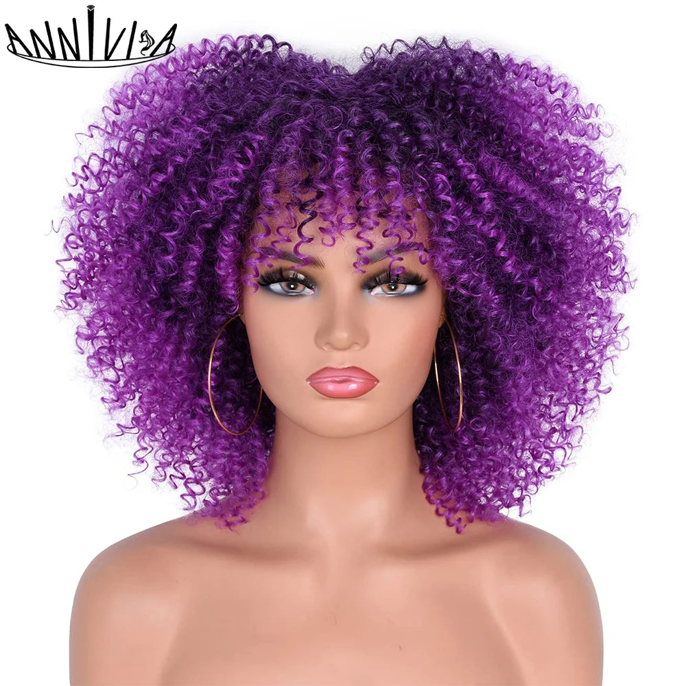 Short Kinky Curly With Bangs Synthetic Wigs - Various Colors Available