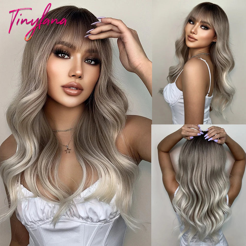 Long Curly Wavy Synthetic Wigs with Bangs
