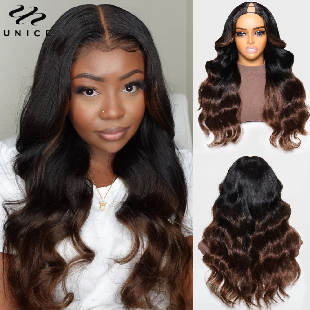 Ombre Body Wave - Human Hair V Shape & U Part Wig No Sew In Clip In Half Wig