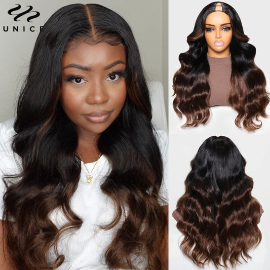 Ombre Body Wave - Human Hair V Shape & U Part Wig No Sew In Clip In Half Wig