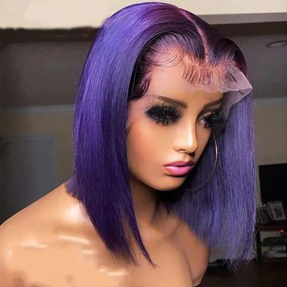 Rose Pink Short Straight Bob Pre Plucked HD Transparent Lace Front Human Hair Wig