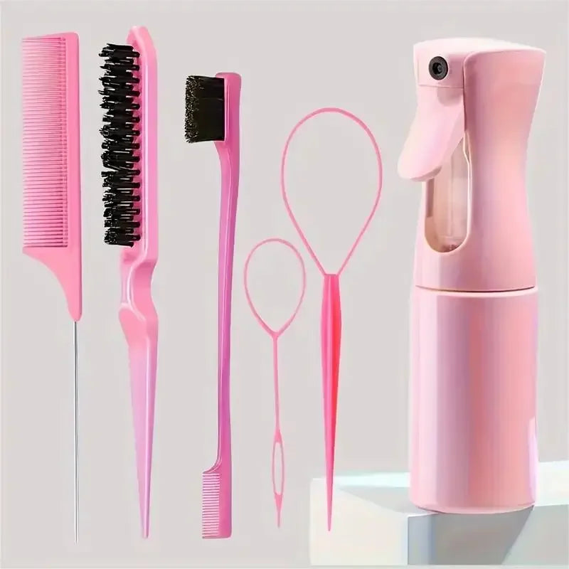 6PC Hair Brush Set - Includes Spray Bottle, 2 Hair Braiding Loops, Rat Tail Comb, Teasing Hair Brush & Edge Control Brush