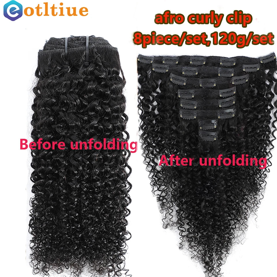 Afro Kinky Curly Human Hair Clip-In Extensions -  8Pcs/Set 120G Natural Color