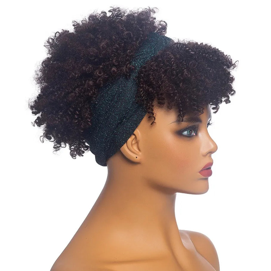Headband Kinky Curly Synthetic Wigs with Bangs - Various Headband and Hair Colors Available